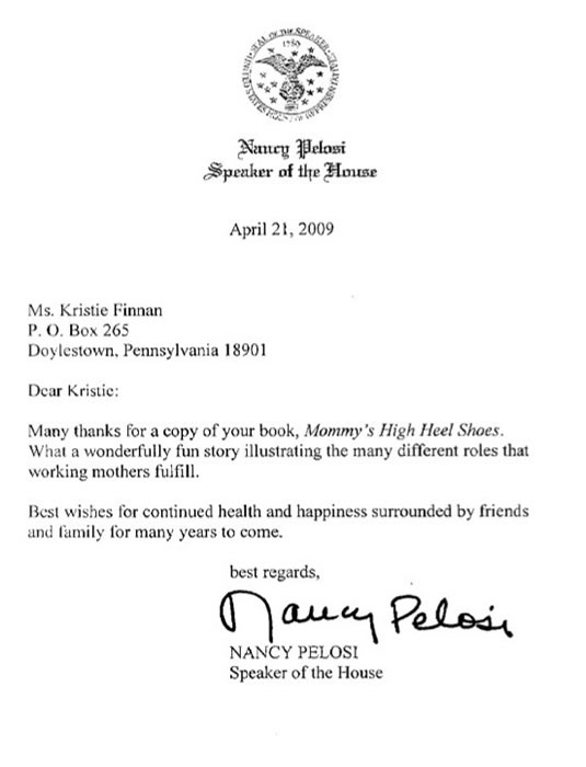 Nancy Pelosi Letter to Kristie Finnan Author of Mommy's High Heel Shoes